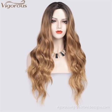 Vigorous Cheap Blonde Wavy For White Women Long Curly Synthetic Party Wigs Heat Resistant Middle Part Wig Brown